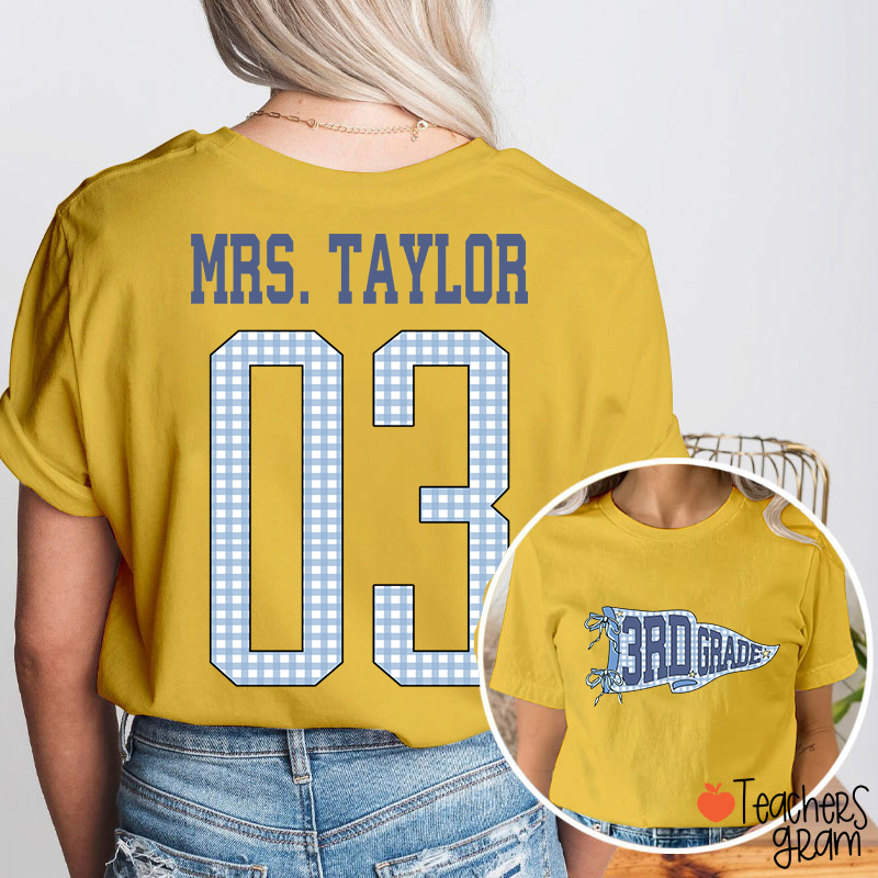 Personalized Grade Pennant Blue Gingham Teacher Two Sided T-Shirt