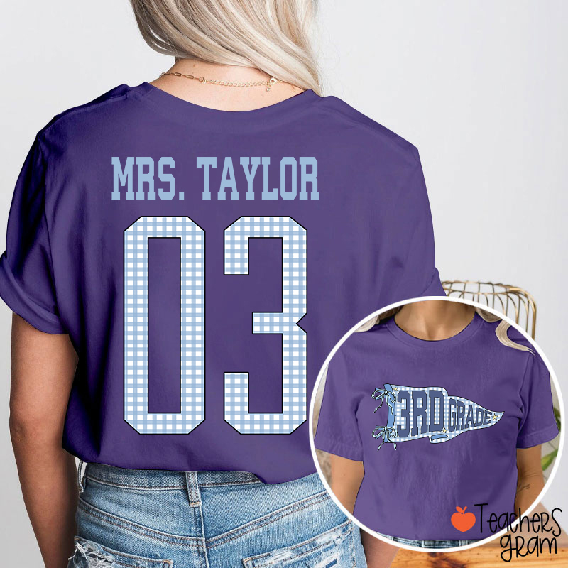 Personalized Grade Pennant Blue Gingham Teacher Two Sided T-Shirt