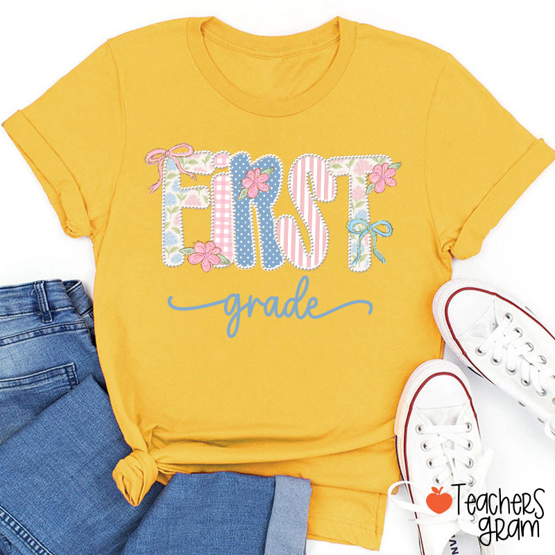 Personalized Grade Gingham Floral Bow Varsity Letter Teacher T-Shirt