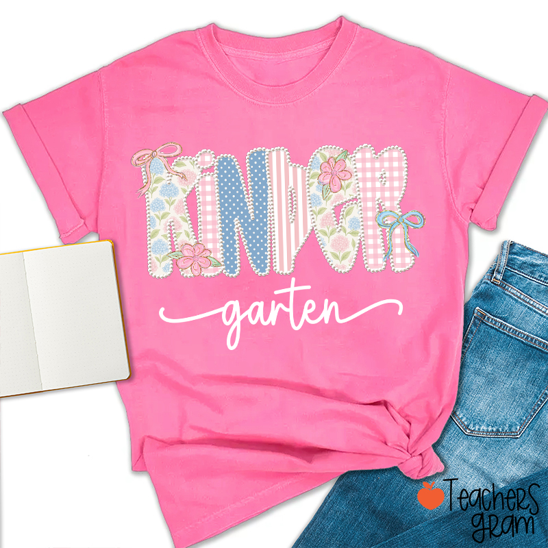 Personalized Grade Gingham Floral Bow Varsity Letter Teacher T-Shirt