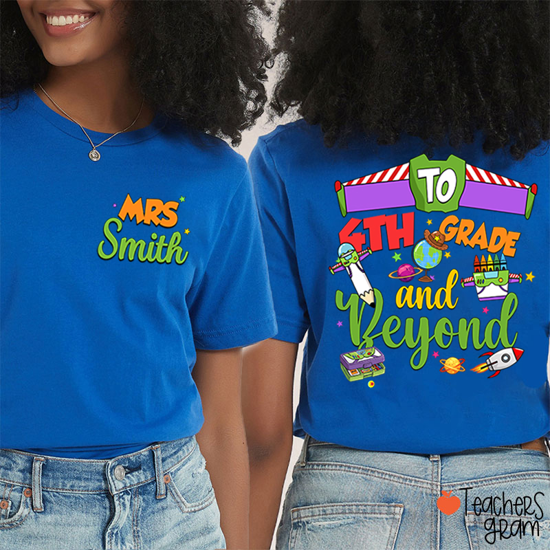 Personalized Grade Cartoon School Supply Rocket Teacher Two Sided T-Shirt