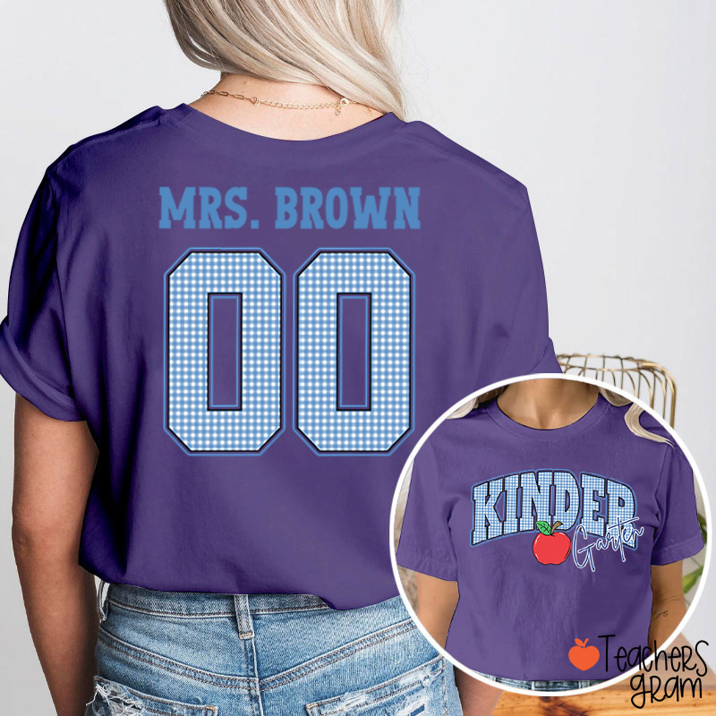 Personalized Grade And Name Checkered Letter Apple Teacher Two Sided T-Shirt