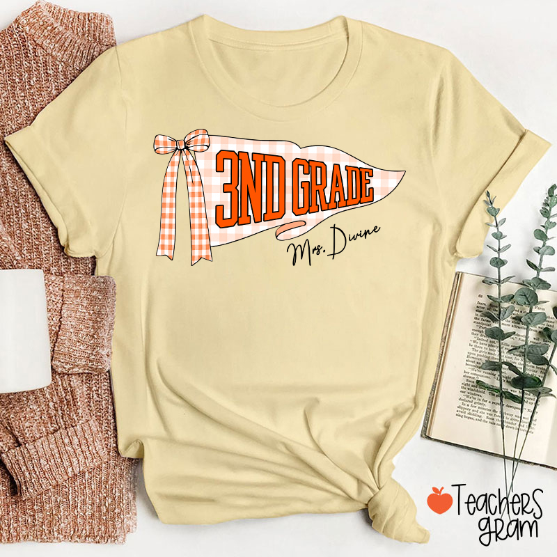 Personalized Grade And Name Gingham Bow Pennant Teacher T-Shirt