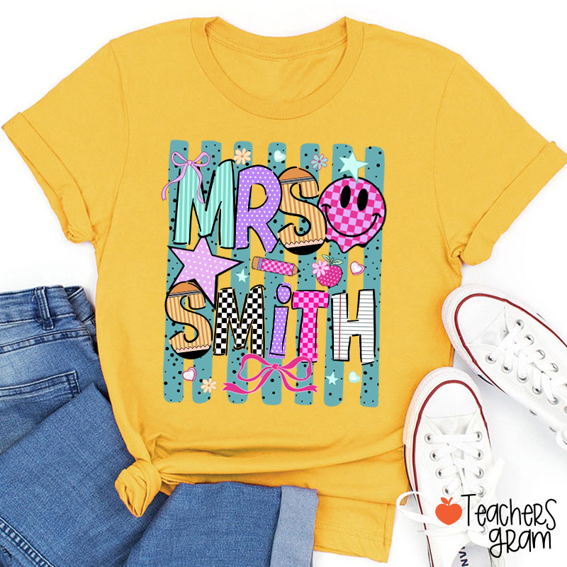 Personalized Grade Coquette Preppy Stripes Teacher T-Shirt