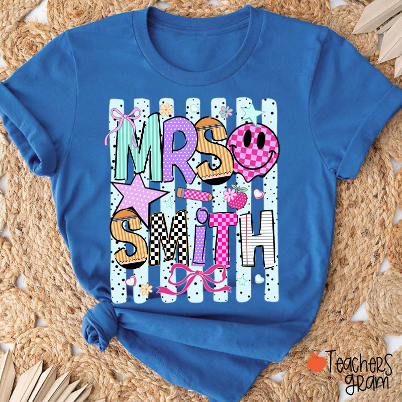 Personalized Grade Coquette Preppy Stripes Teacher T-Shirt