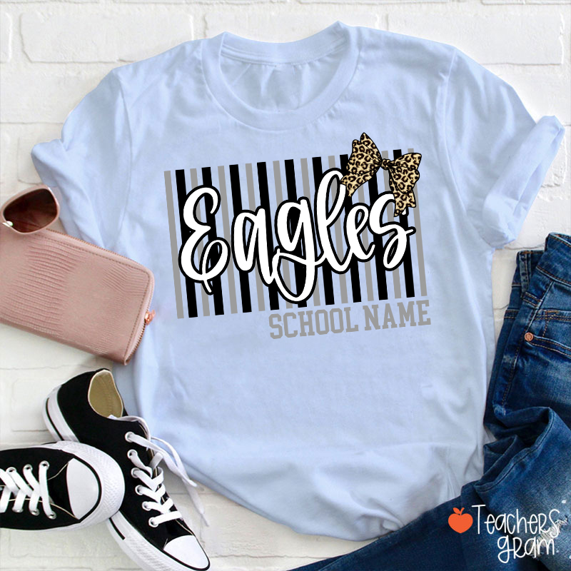 Personalized School Mascot Stripe Leopard Bow Teacher T-Shirt