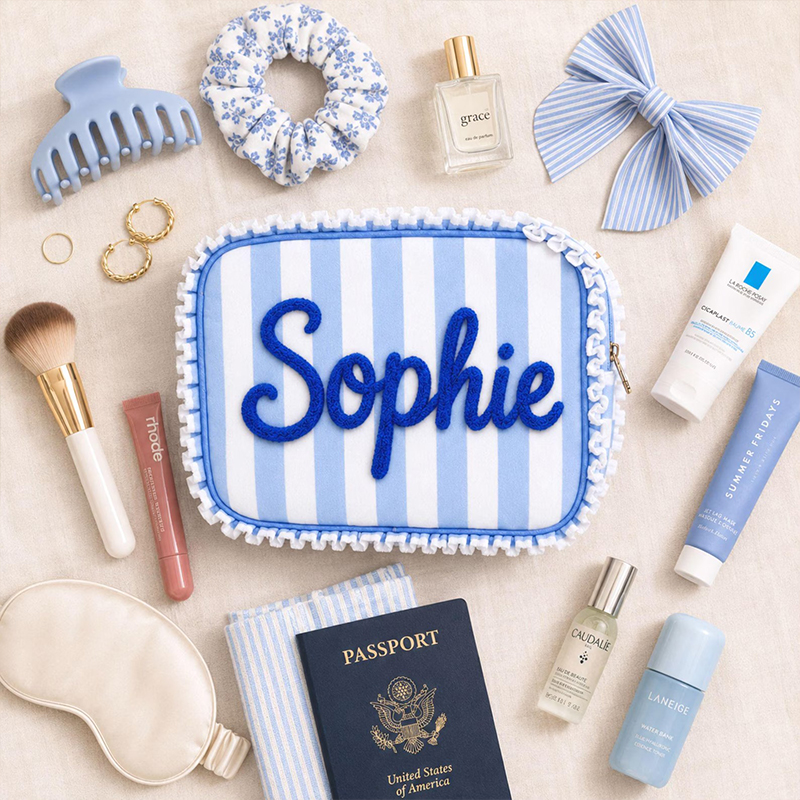Personalized Chenille Name Gingham Ruffle Teacher Makeup Bag