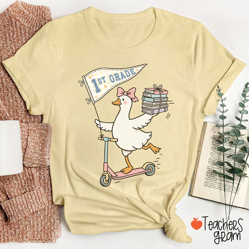 Personalized Grade Scooter Silly Goose Pennant Book Stack Teacher T-Shirt
