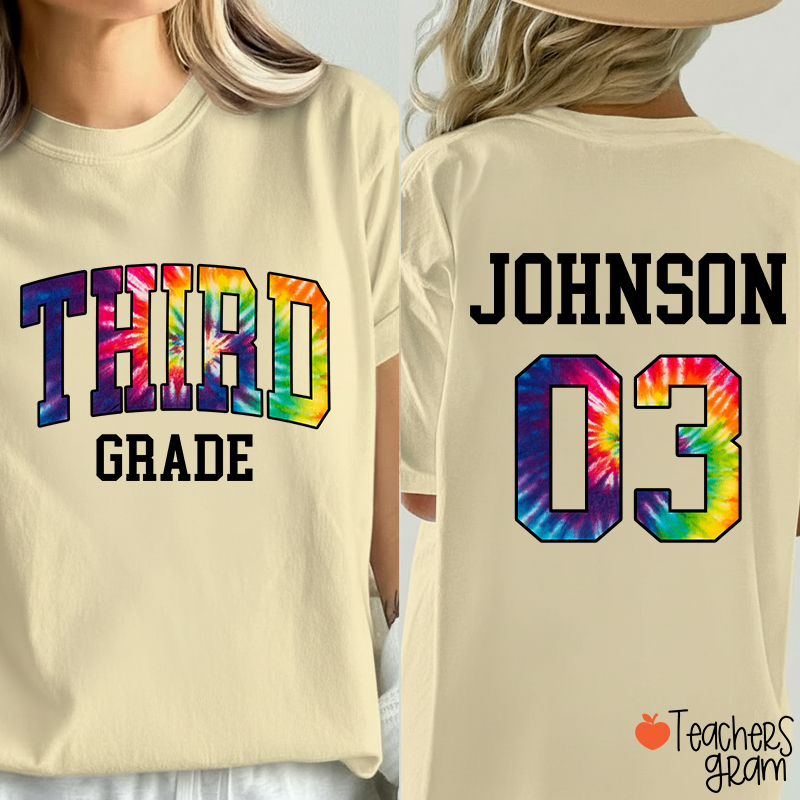 Personalized Grade And Name Tie-dye Letter Teacher Two Sided T-Shirt
