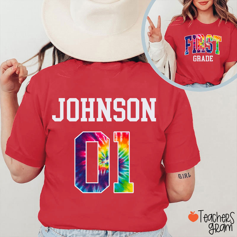 Personalized Grade And Name Tie-dye Letter Teacher Two Sided T-Shirt