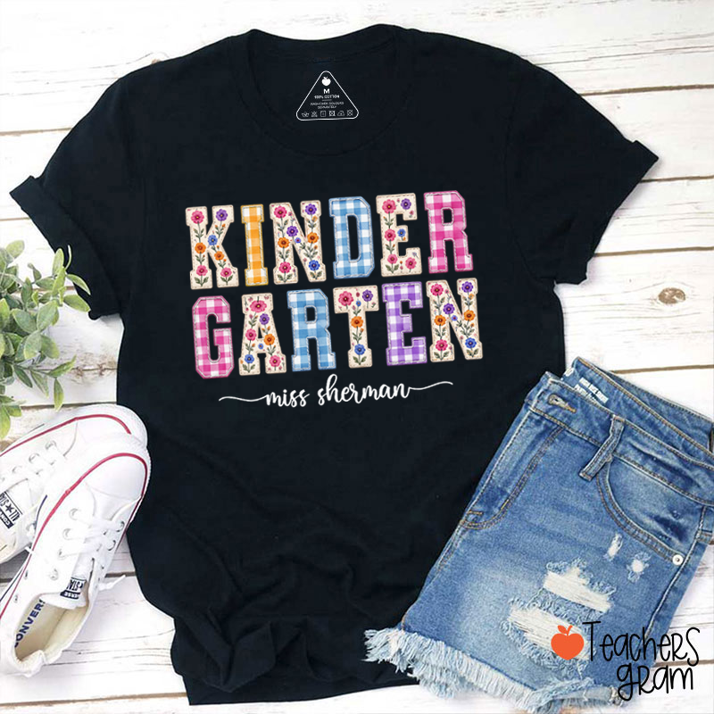 Personalized Name Floral Gingham Teacher T-Shirt