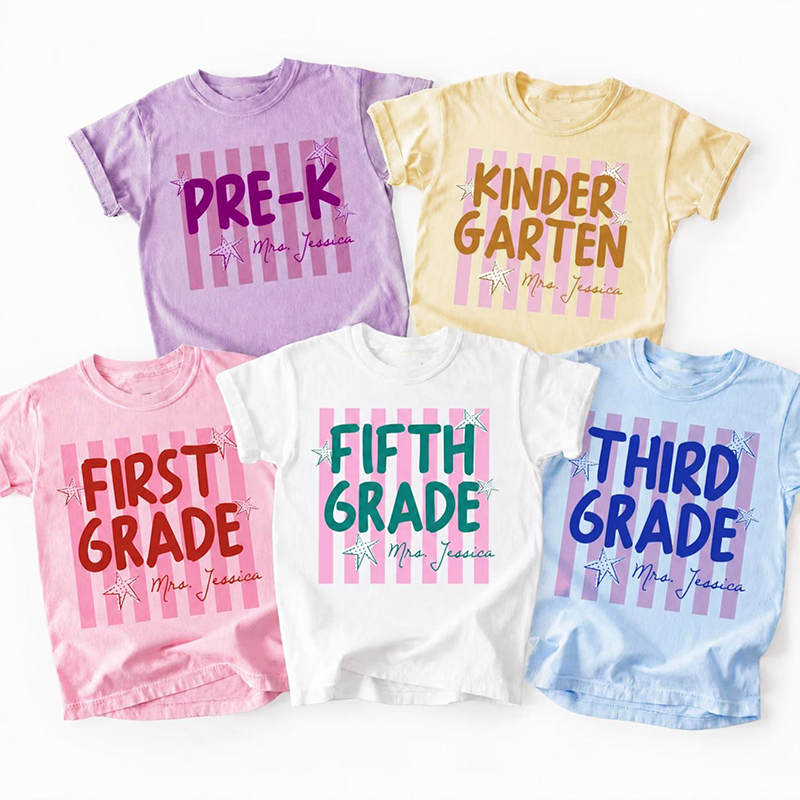 Personalized Name And Grade Pink Stripe Star Teacher T-Shirt