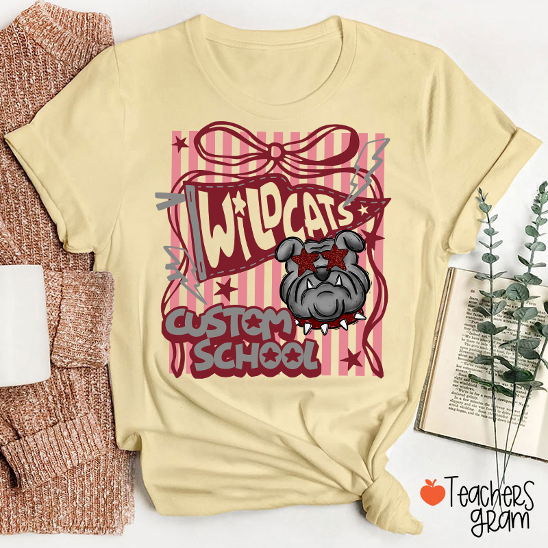Personalized Mascot Coquette Bow Striped Teacher T-Shirt