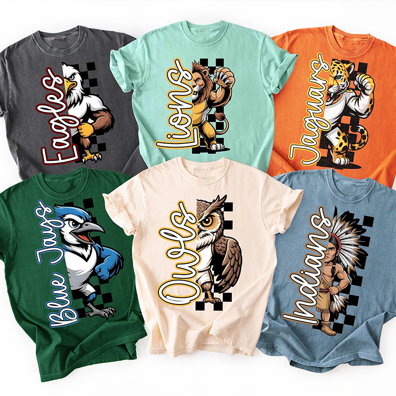Personalized Mascot Cartoon Checkerboard Half Split Graphic Teacher T-Shirt