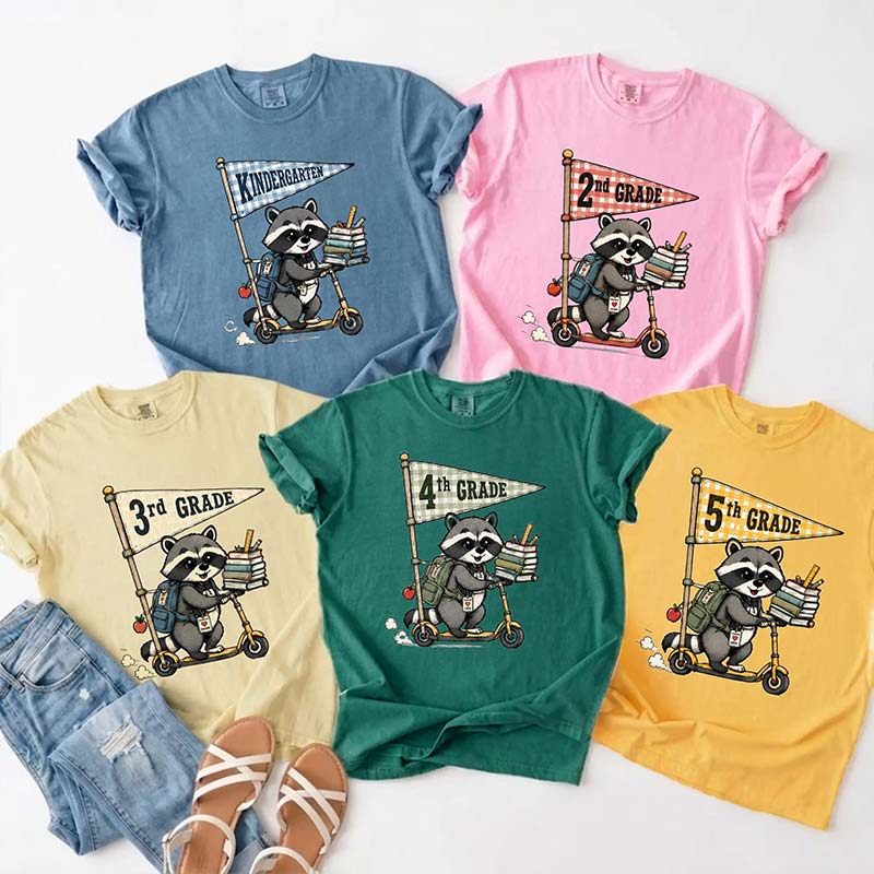Personalized Grade Name Raccoon Scooter Pennant Teacher T-Shirt