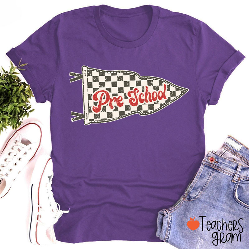 Personalized Grade Checkered Pennant Flag Vintage Retro Preschool Teacher T-Shirt