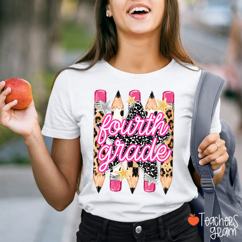 Personalized Grade Name Leopard Star Pencil Teacher T-Shirt