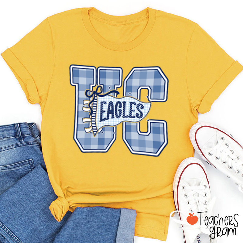 Personalized Mascot Gingham Varsity Letter Bow Teacher T-Shirt