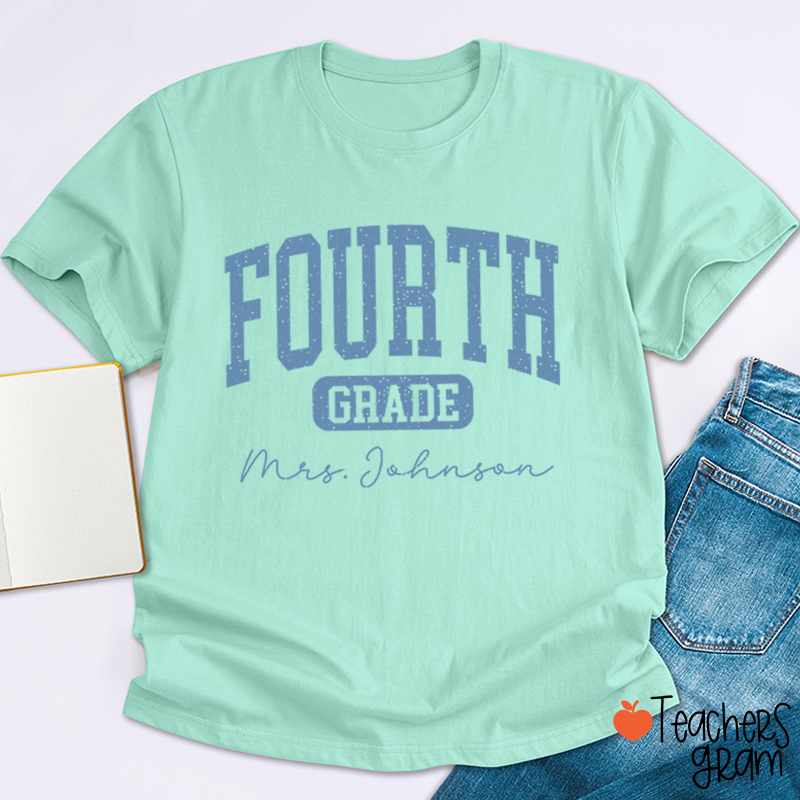Personalized Name And Grade Vintage Distressed Varsity Letter Teacher T-Shirt
