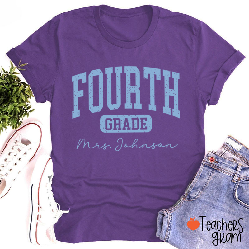 Personalized Name And Grade Vintage Distressed Varsity Letter Teacher T-Shirt
