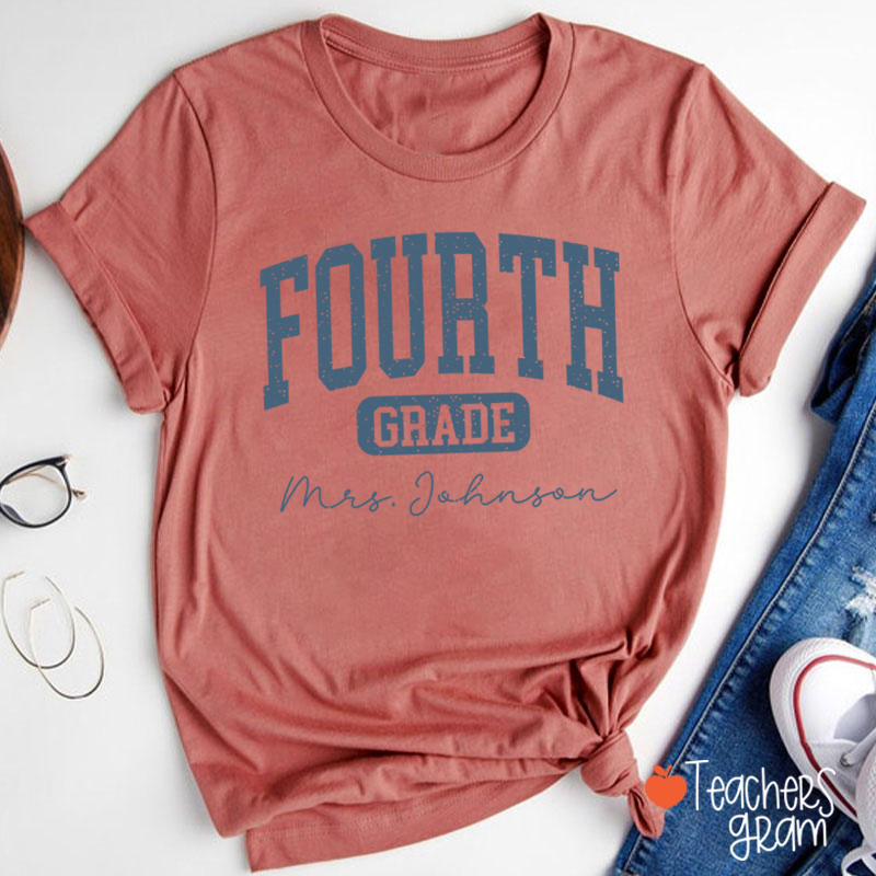 Personalized Name And Grade Vintage Distressed Varsity Letter Teacher T-Shirt