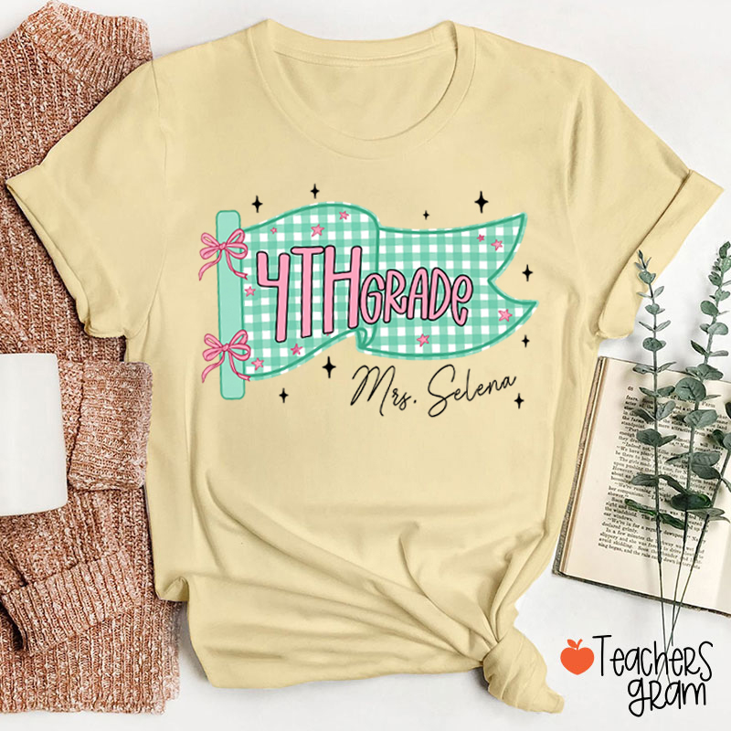 Personalized Name And Grade Gingham Pennant Bow Star Teacher T-Shirt