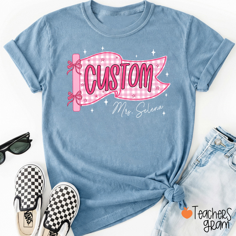 Personalized Name And Grade Gingham Pennant Bow Star Teacher T-Shirt