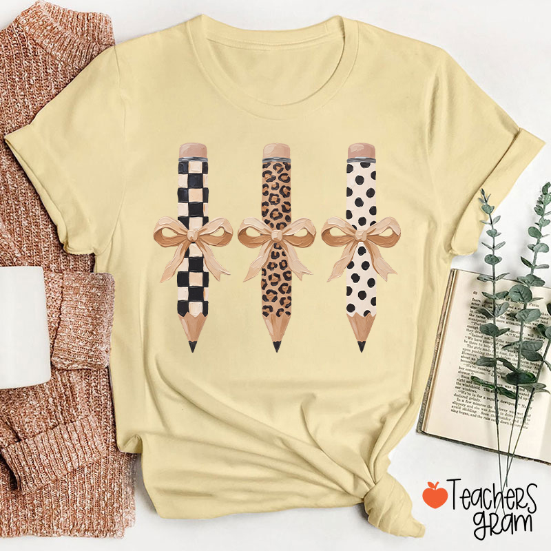 Checkerboard Leopard And Polka Dot Bow Pencil Teacher T-Shirt