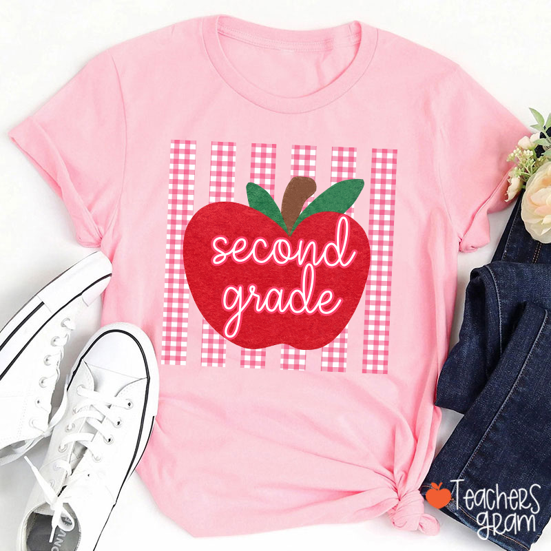 Personalized Grade Gingham Apple Teacher T-Shirt