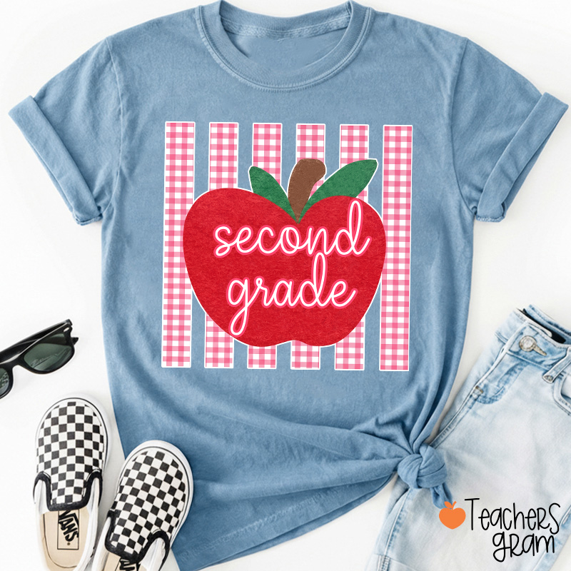 Personalized Grade Gingham Apple Teacher T-Shirt