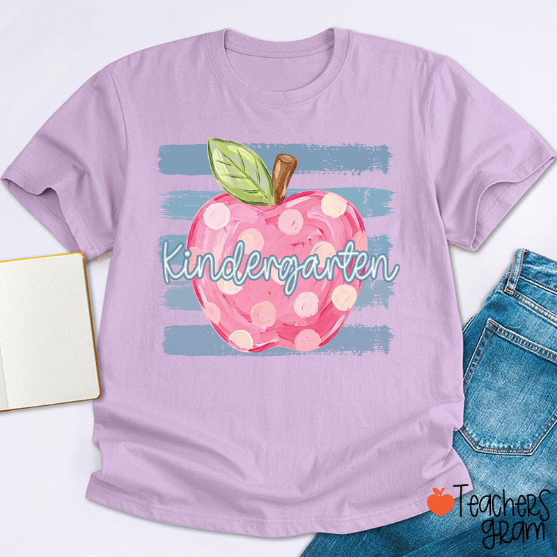 Personalized Grade Pink Polka Dot Apple Blue Brush Stripe Teacher T-Shirt