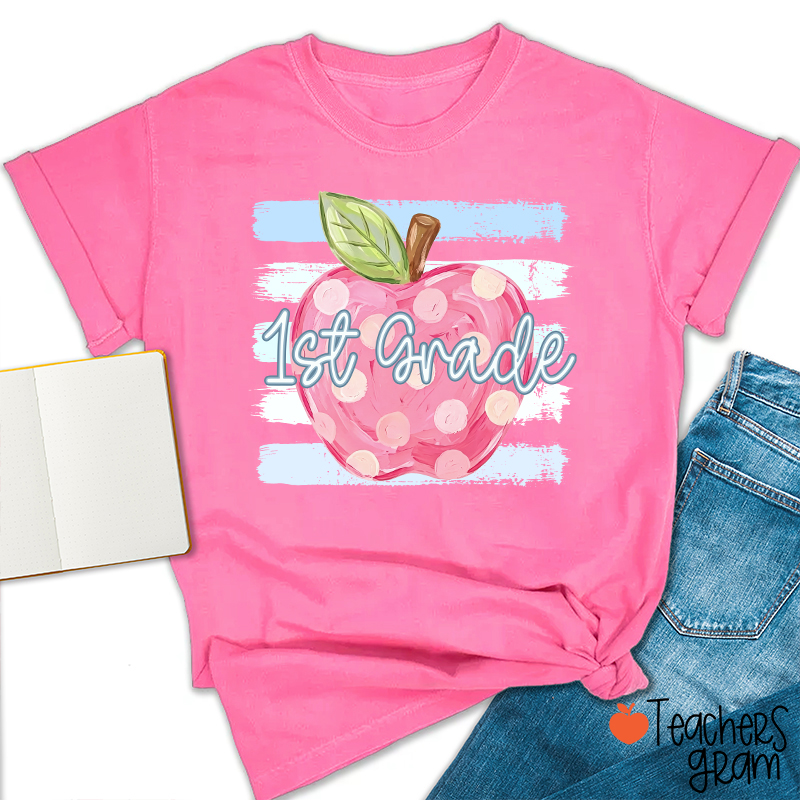 Personalized Grade Pink Polka Dot Apple Blue Brush Stripe Teacher T-Shirt