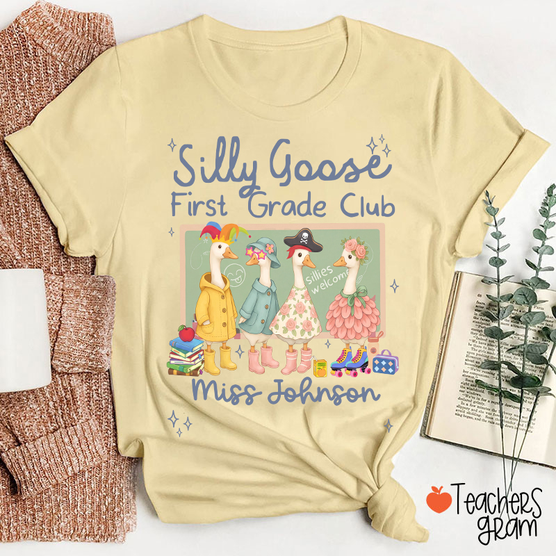 Personalized Grade Name Silly Goose Cartoon Classroom Print Teacher T-Shirt