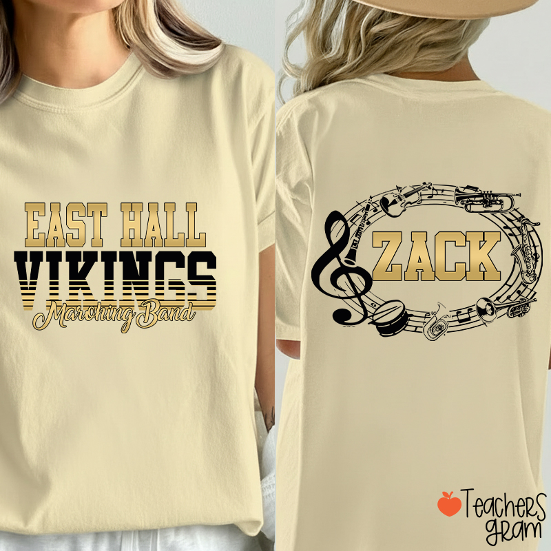 Personalized Band Music Note Mascot Two Sided Teacher T-Shirt