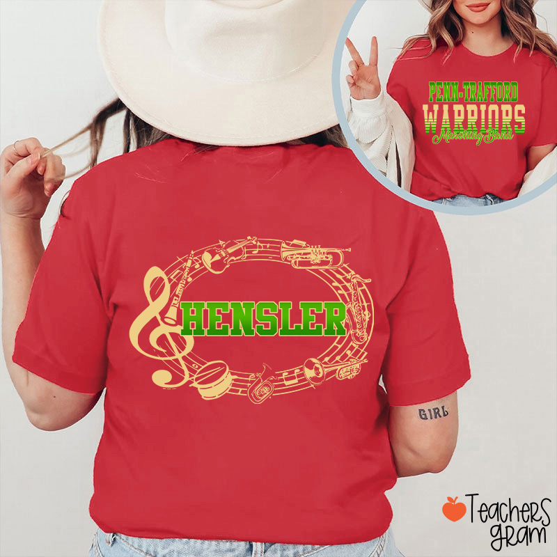 Personalized Band Music Note Mascot Two Sided Teacher T-Shirt