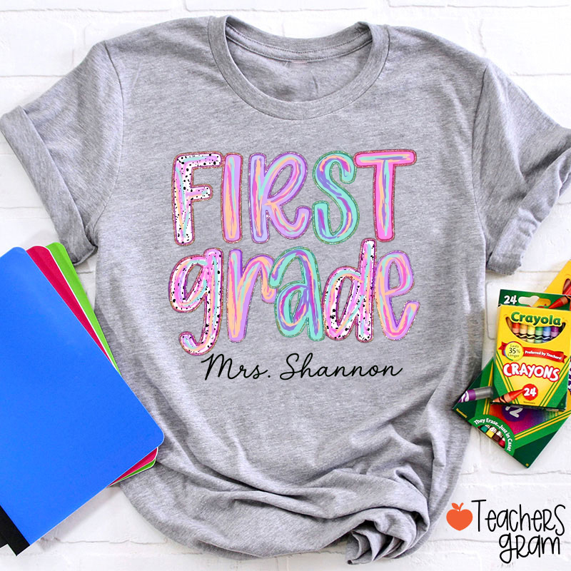 Personalized Grade Rainbow Doodle Name Teacher T-Shirt