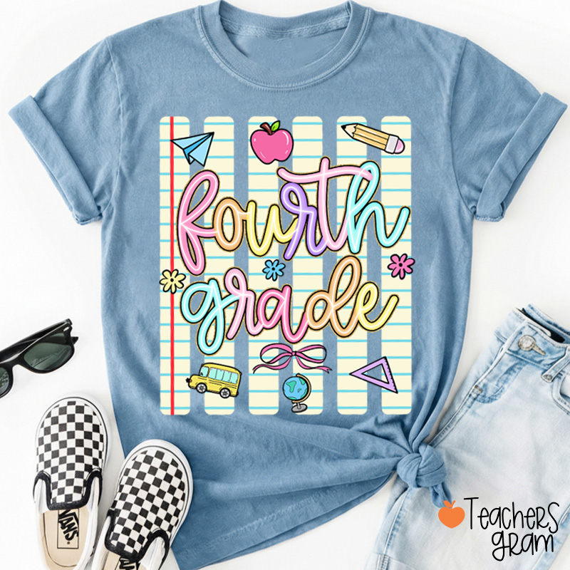 Personalized Grade Notebook Stripes Cute Icons Teacher T-Shirt