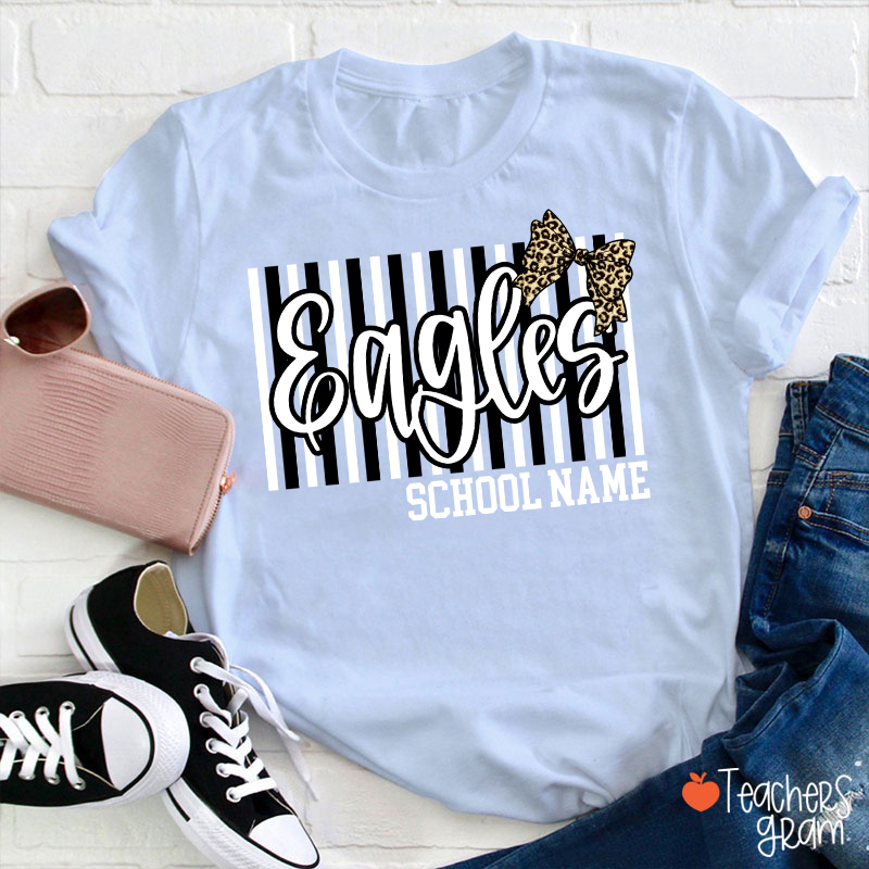 Personalized School Mascot Stripe Leopard Bow Teacher T-Shirt