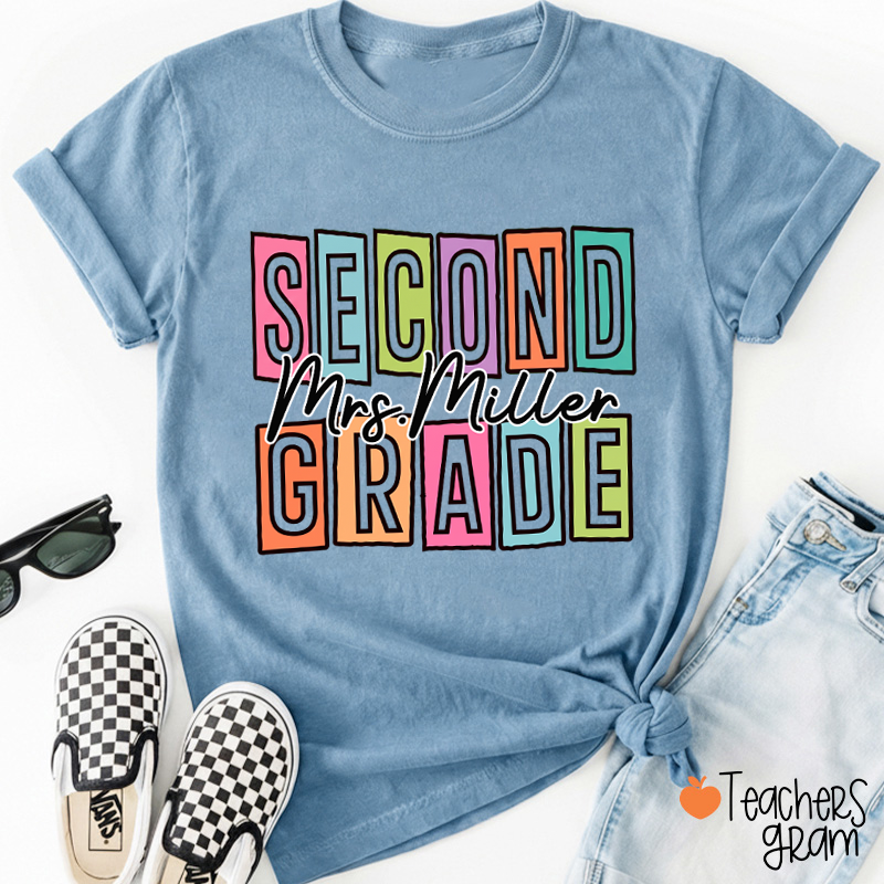 Personalized Name And Grade Colorful Block Letter Cursive Script Teacher T-Shirt