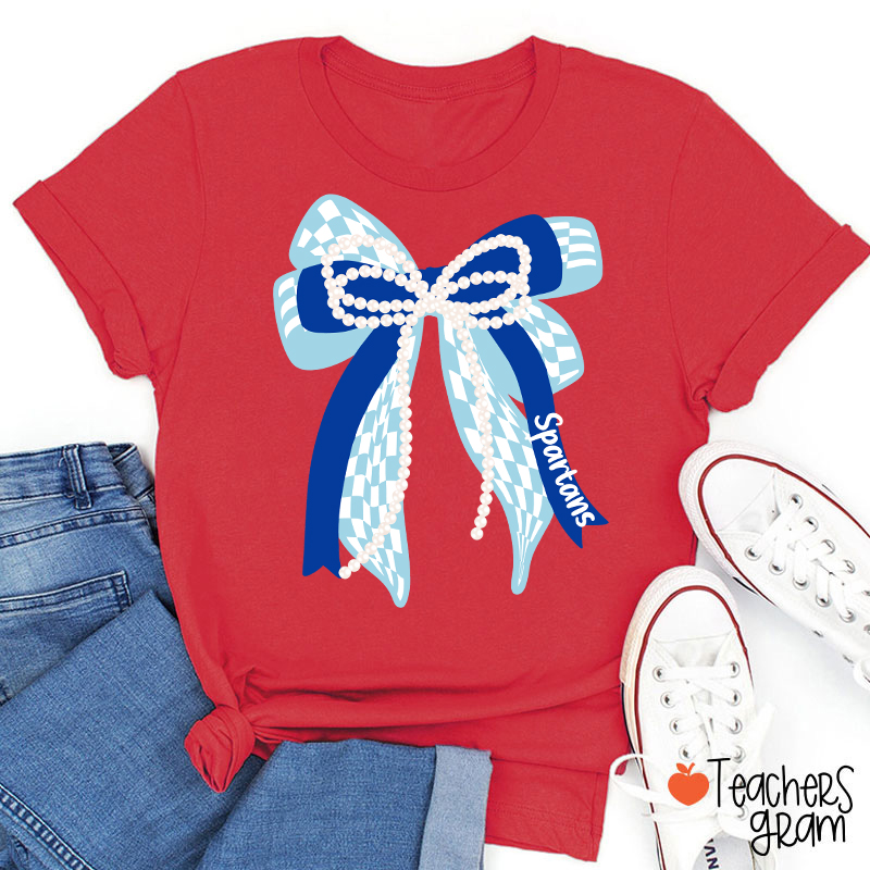Personalized Mascot Cute Bow School Spirit Graphic Teacher T‑Shirt