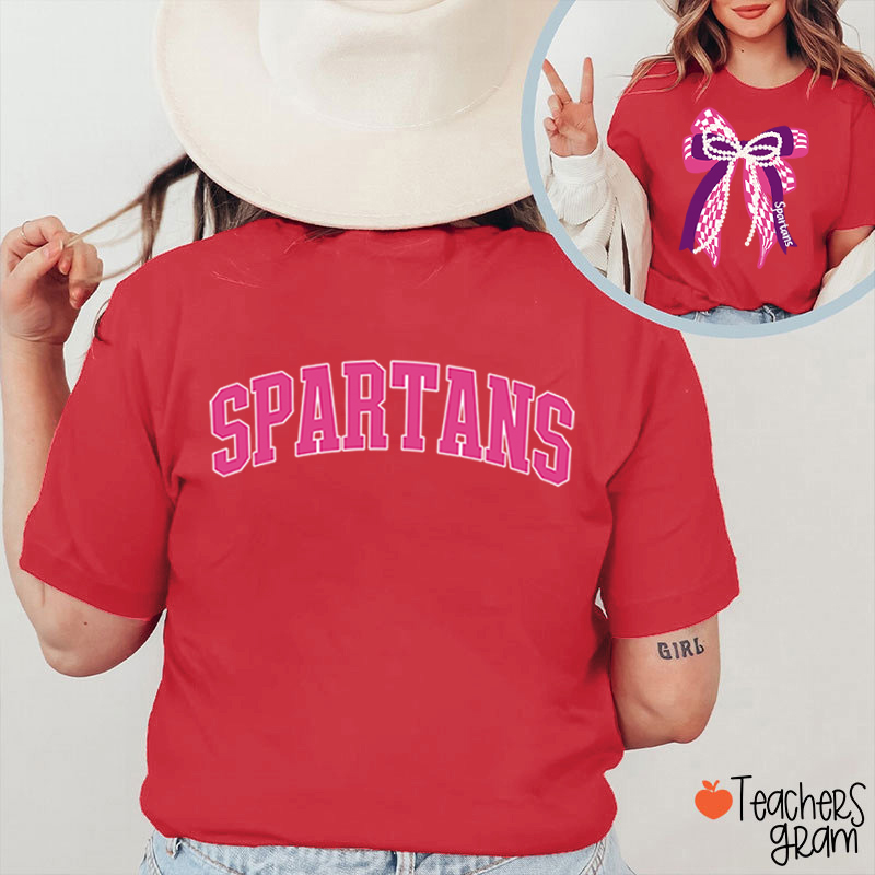 Personalized Mascot Varsity Curved Bow Theme Teacher Two Sided T-Shirt