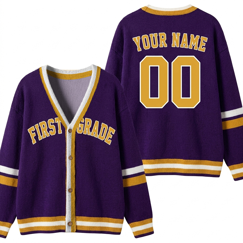 Personalized Grade Name Number V‑Neck Striped Button Teacher Ugly Cardigan Sweaters