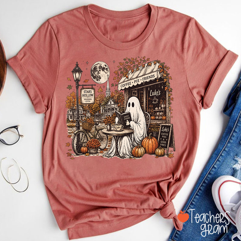Ghost Reading At Coffee Shop Halloween Teacher T-Shirt