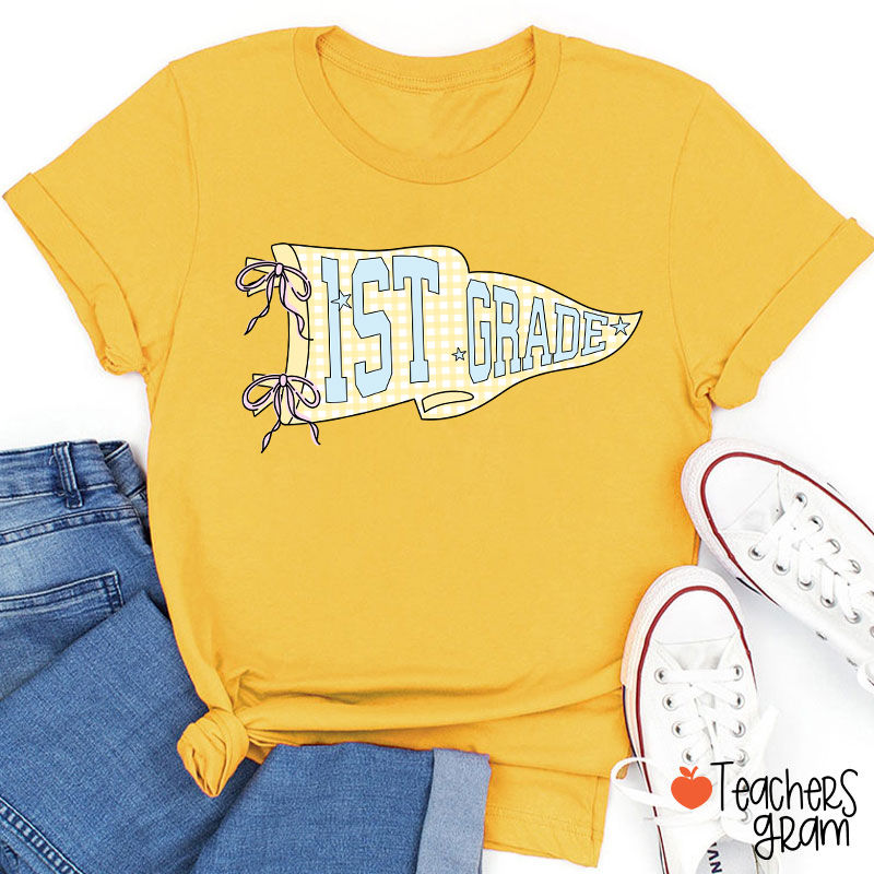 Personalized Text Gingham Pennant Teacher T-Shirt-Teachersgram