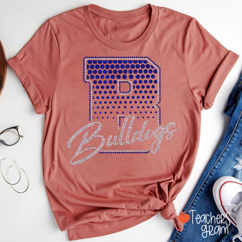 Personalized Mascot Rhinestone Varsity Letter Script Teacher T-Shirt