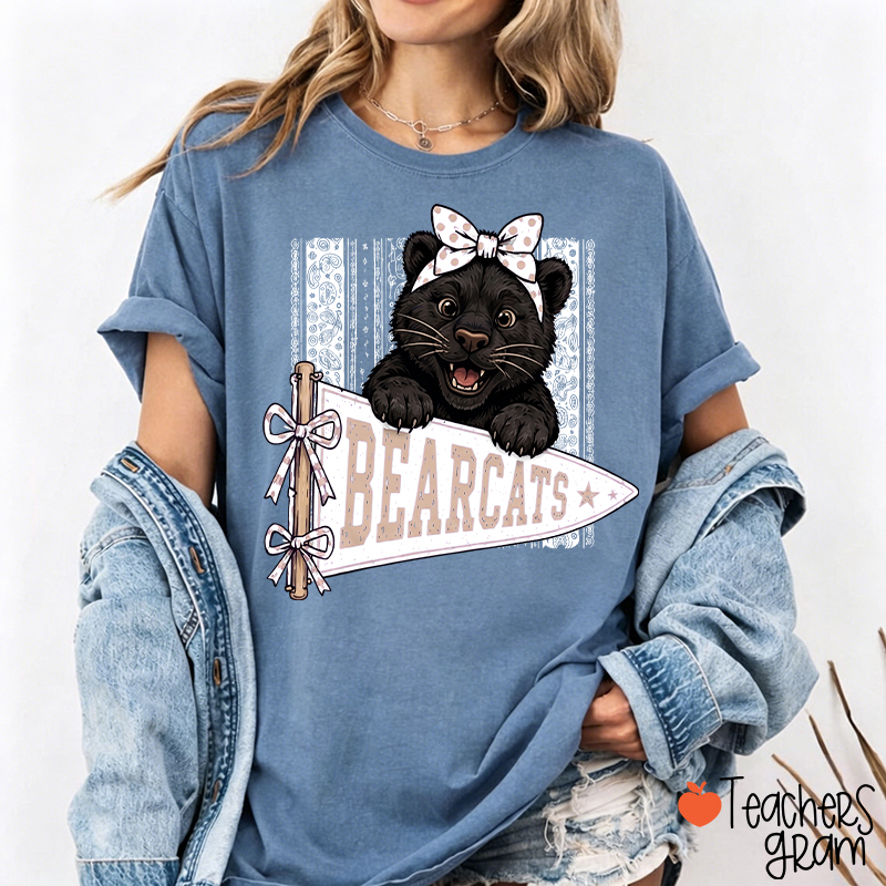 Personalized Mascot Bow Pennant Paisley Striped Graphic Teacher T‑Shirt