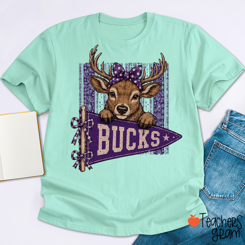 Personalized Mascot Bow Pennant Paisley Striped Graphic Teacher T‑Shirt