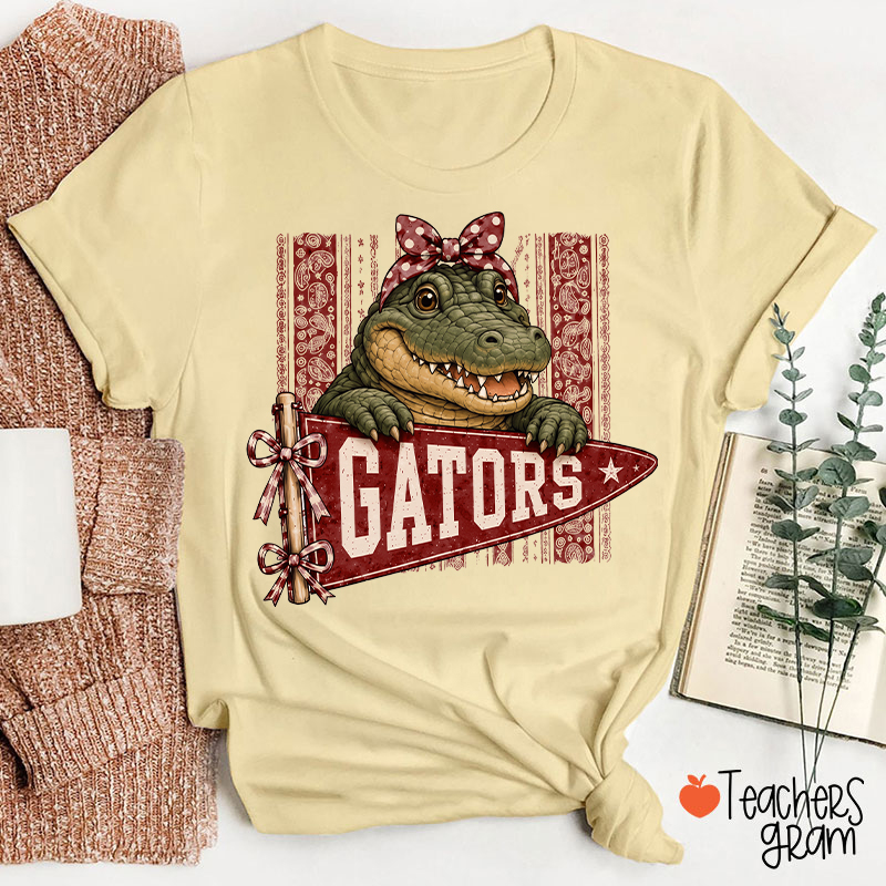 Personalized Mascot Bow Pennant Paisley Striped Graphic Teacher T‑Shirt
