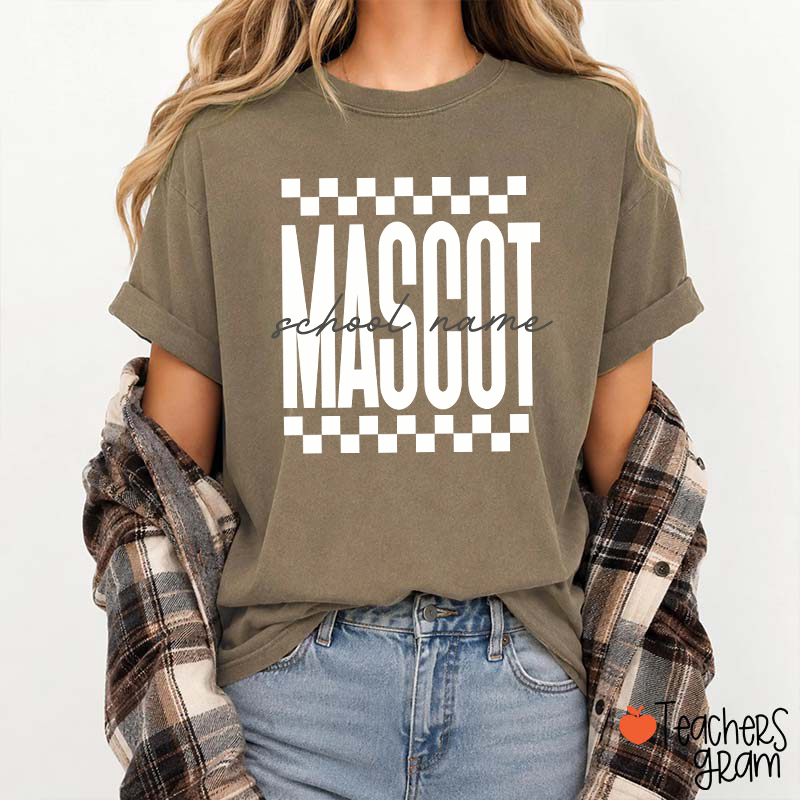 Personalized Mascot Sport Checkered Script Teacher T-Shirt