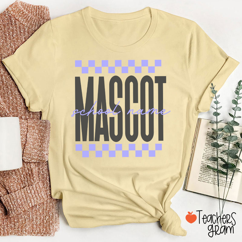 Personalized Mascot Sport Checkered Script Teacher T-Shirt